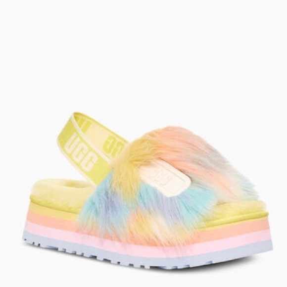 Ugg Shoes | Nwob Ugg Disco Tie Dye Rainbow Faux Fur Slides Sandals | Color: Blue/Yellow | Size: 8 | Rhiacheer's Closet
